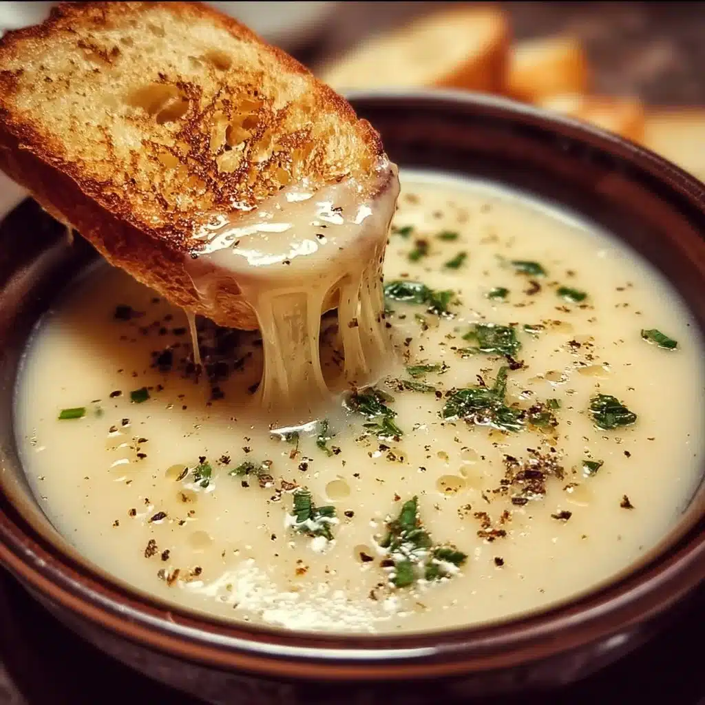 Country French Garlic Soup 3 Bowl of Country French Garlic Soup garnished with herbs and crusty bread.