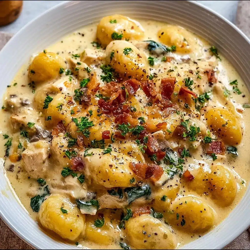 Creamy crack chicken gnocchi served in a bowl, garnished with herbs.