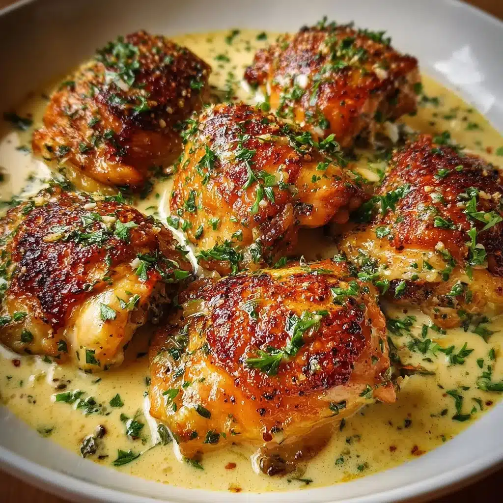 Creamy Garlic Chicken Thighs (Restaurant-Style, 30 Minutes) 1 Creamy garlic chicken thighs in a delicious sauce, ready in 30 minutes.