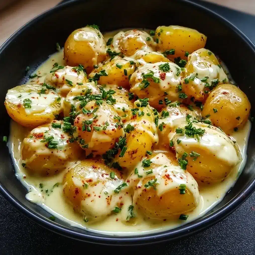 Creamy Garlic Sauce Baby Potatoes 3 Creamy garlic sauce-coated baby potatoes served in a bowl.