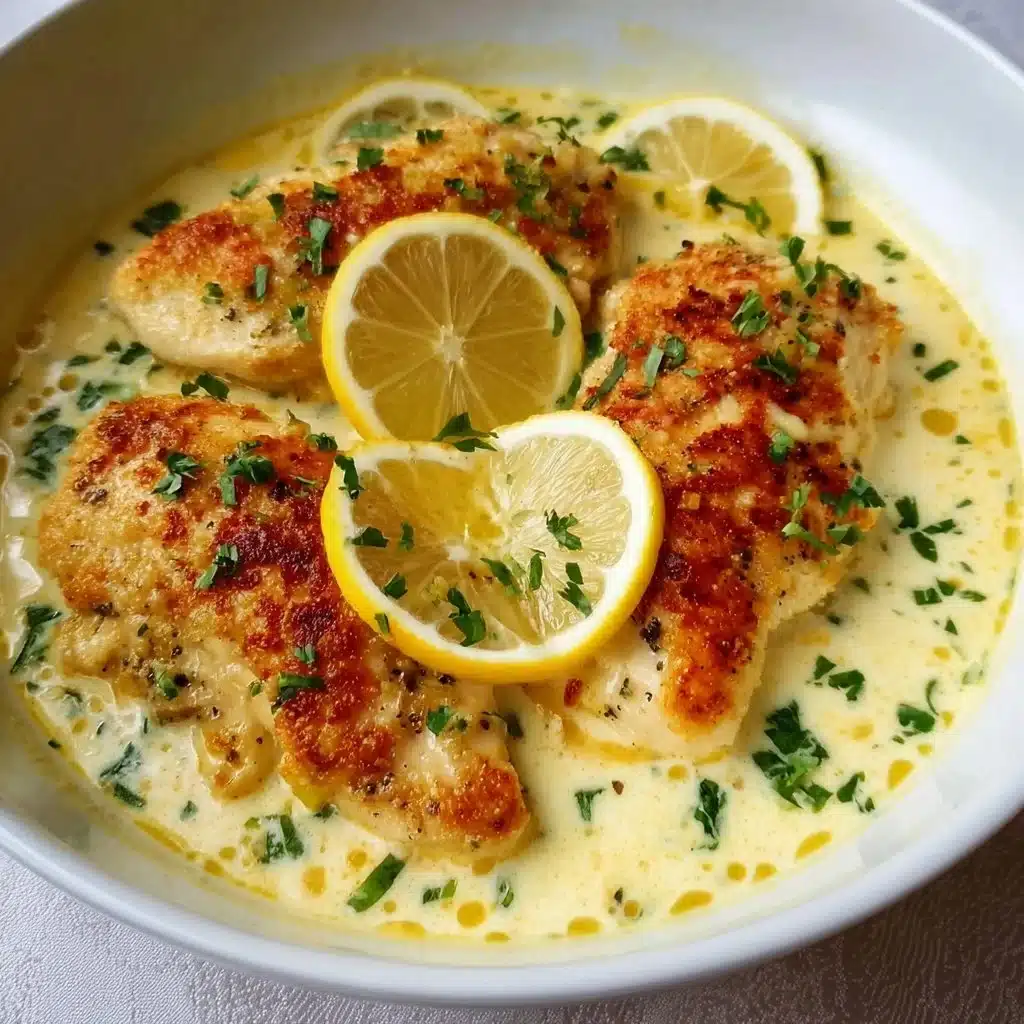 Home 7 Delicious creamy lemon chicken served with herbs and lemon slices.