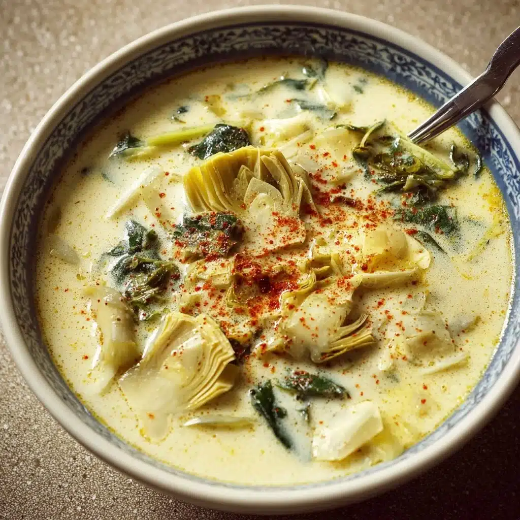 Bowl of creamy lemony Tuscan artichoke soup garnished with herbs.