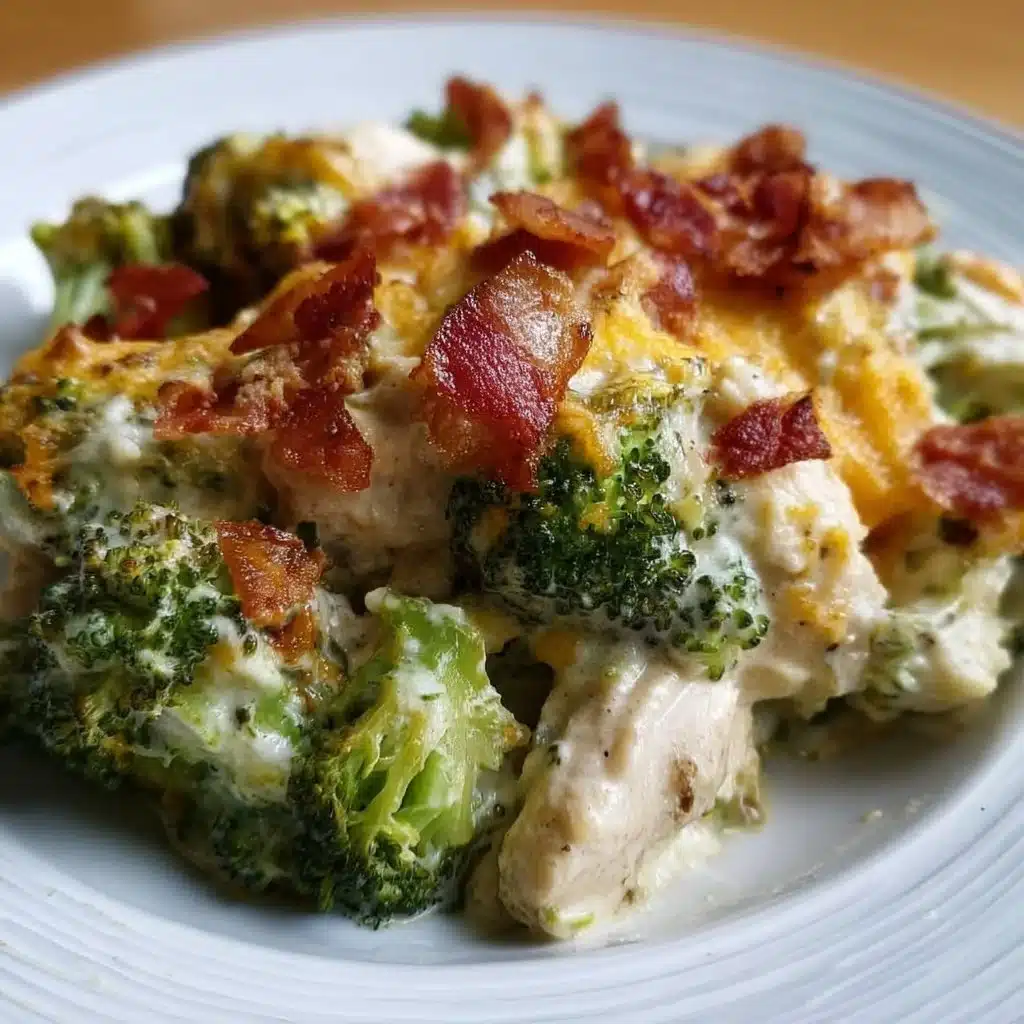 Home 8 Creamy low carb chicken casserole with broccoli and bacon in a baking dish