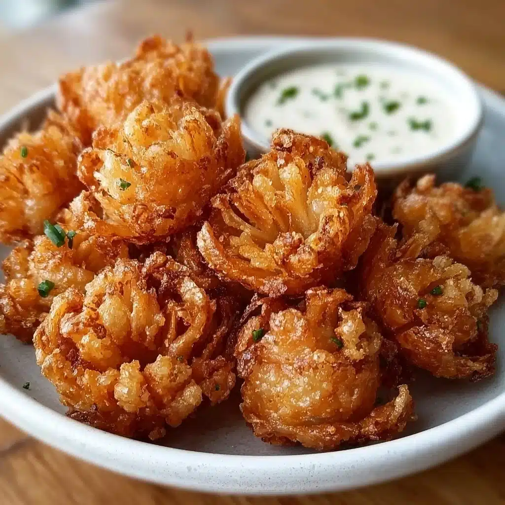 Crispy Mini Bloomin' Onions with Buttermilk Ranch Dip 3 Crispy mini bloomin' onions with buttermilk ranch dip on a serving platter.