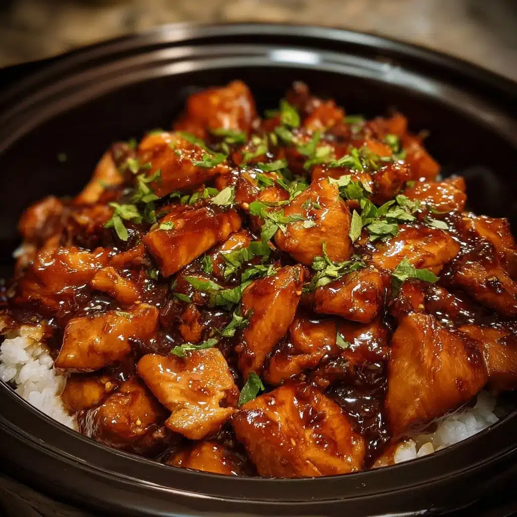 Home 8 Crockpot Bourbon Chicken dish served with rice and vegetables