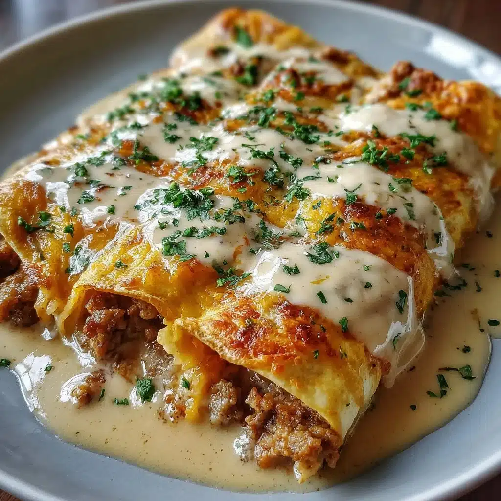 Home 3 Delicious breakfast enchiladas topped with sausage gravy on a plate