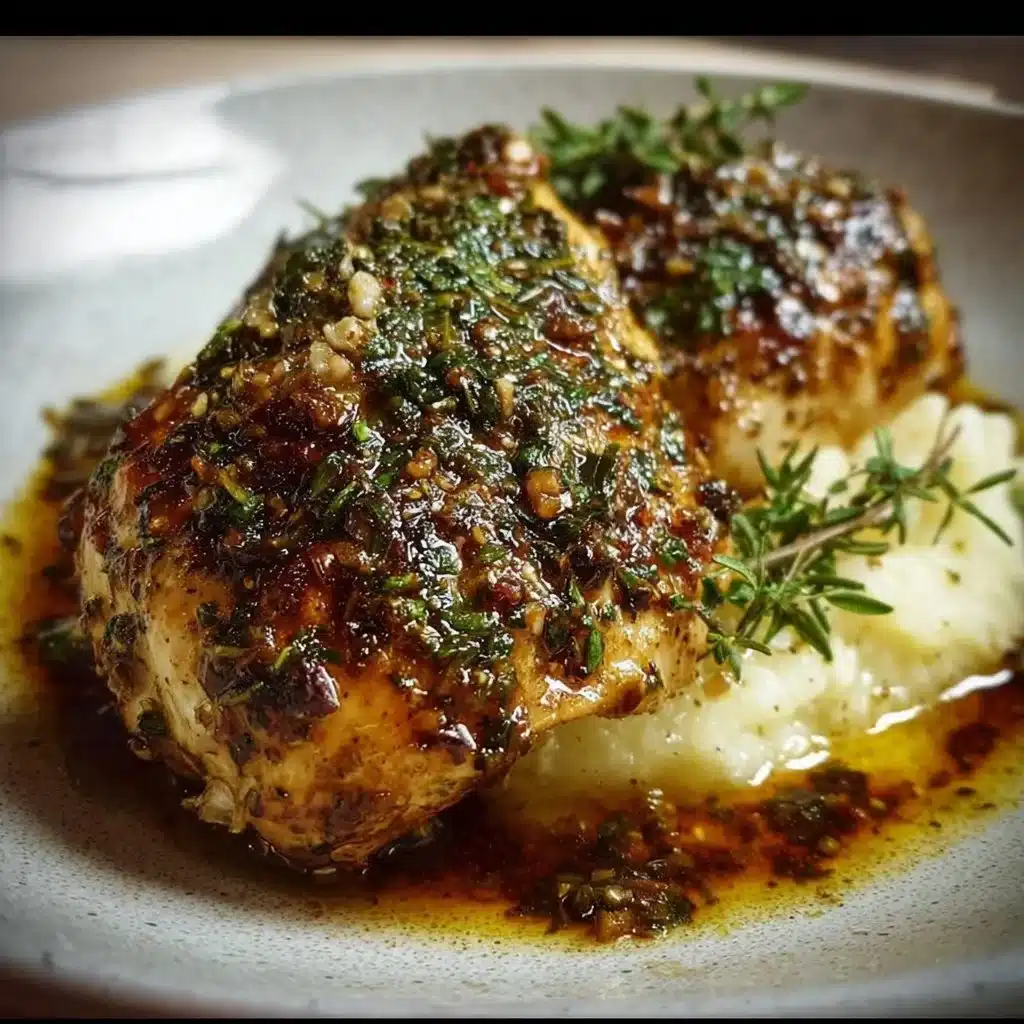 Deliciously cooked Garlic Herb Chicken garnished with fresh herbs and garlic