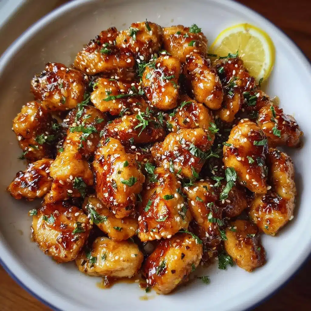 Honey Garlic Chicken Bites | Ultimate 25-Minute Dinner Delight 3 Delicious Honey Garlic Chicken Bites served on a plate, perfect for a quick dinner.