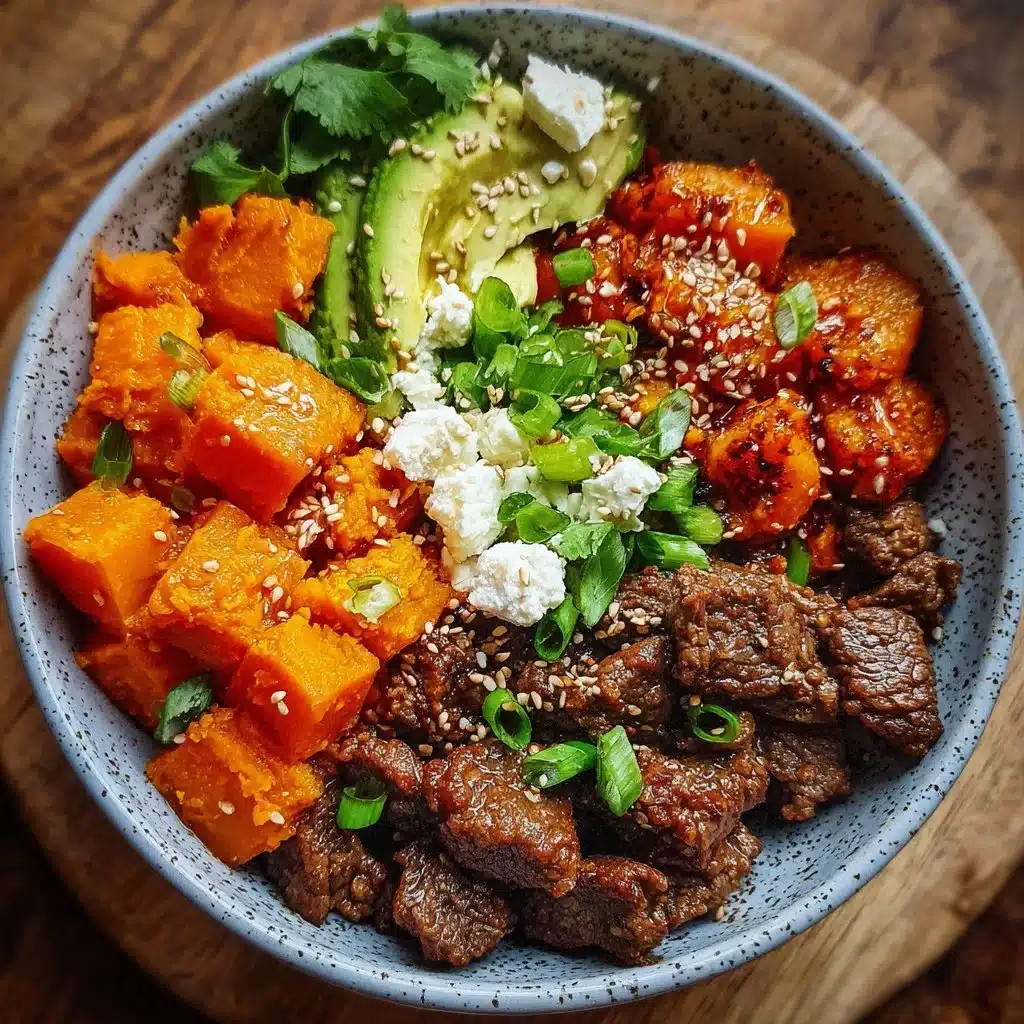 Hot Honey Sweet Potato Beef Bowls Recipe 3 Hot Honey Sweet Potato Beef Bowls with vibrant ingredients and garnishes