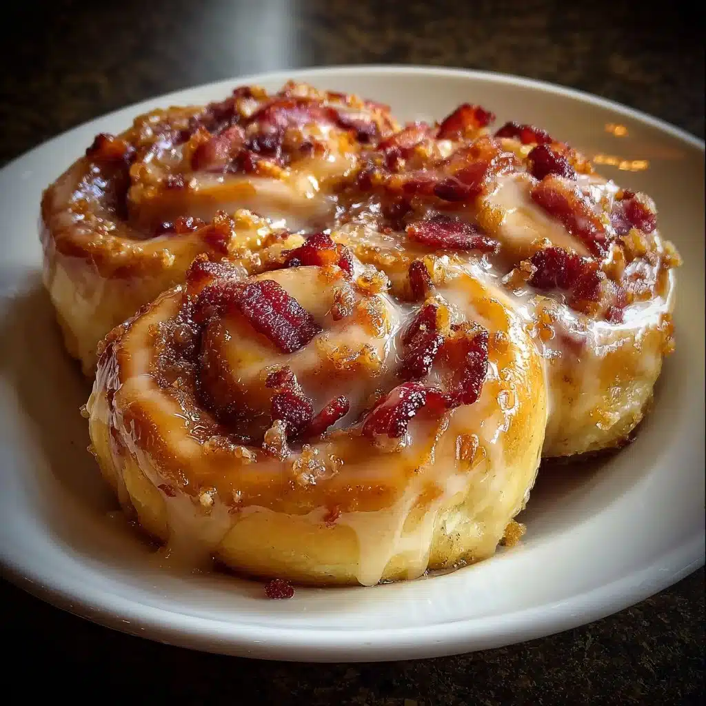 Home 4 Delicious maple bacon cinnamon rolls topped with icing and crispy bacon