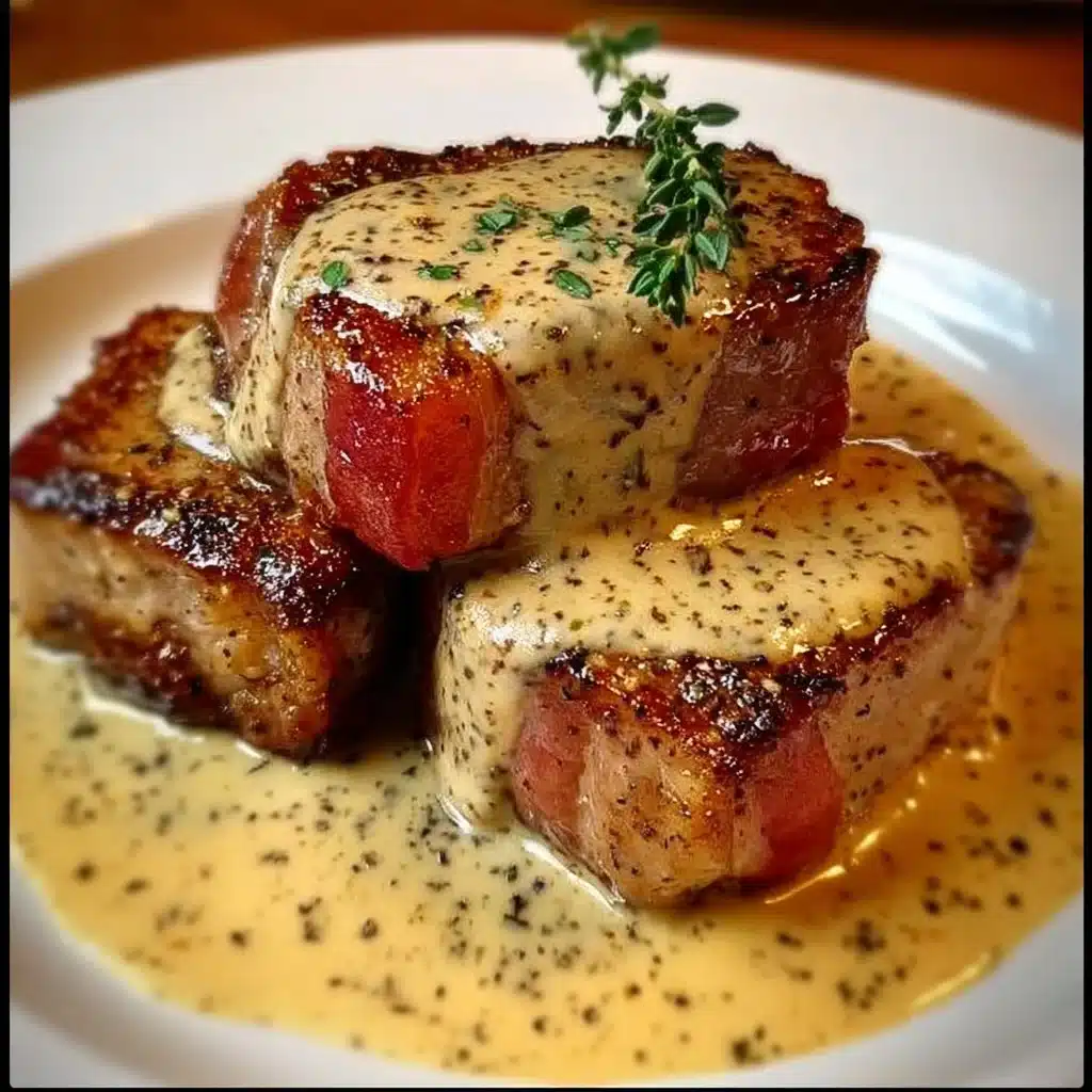 Indulge in Maple Bacon Pork Chops with Dijon Cream Sauce 3 Delicious Maple Bacon Pork Chops served with Dijon Cream Sauce.