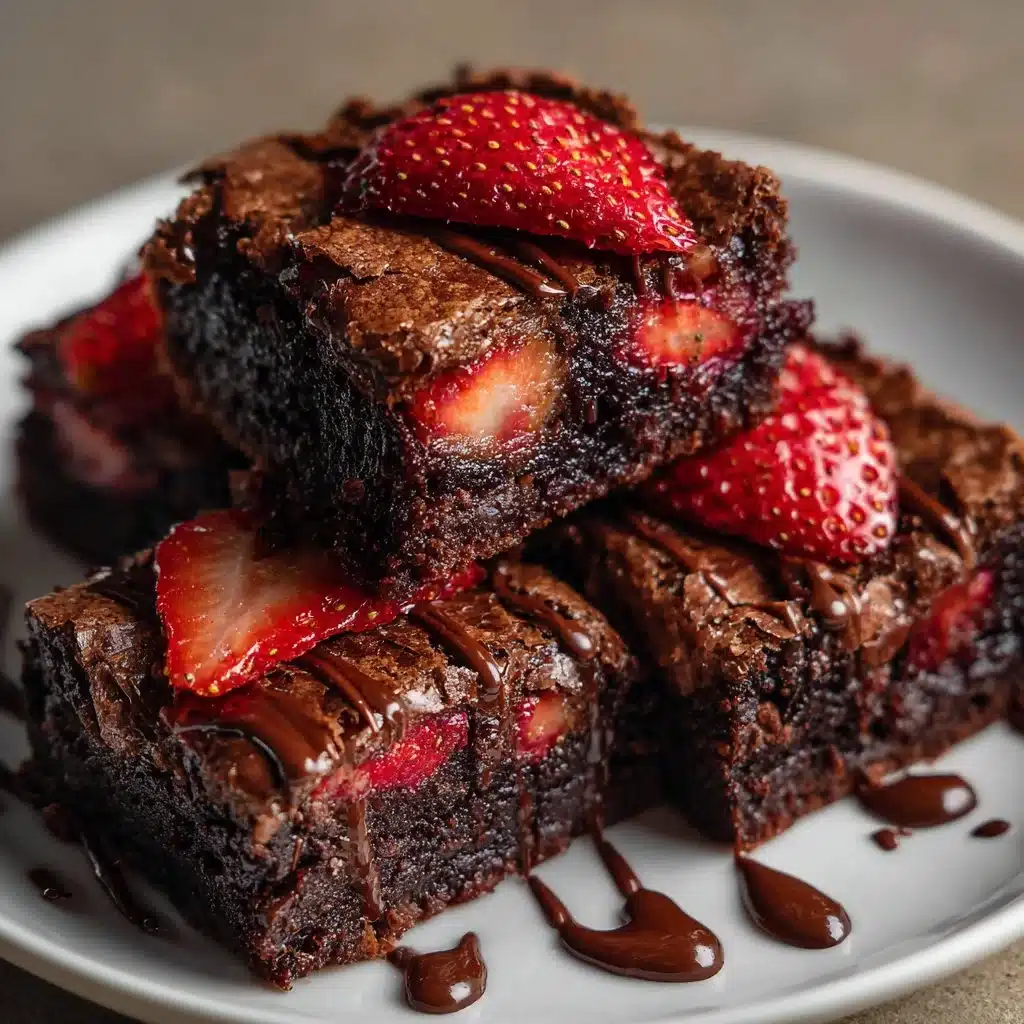 Home 4 Irresistible chocolate strawberry brownies topped with fresh strawberries.