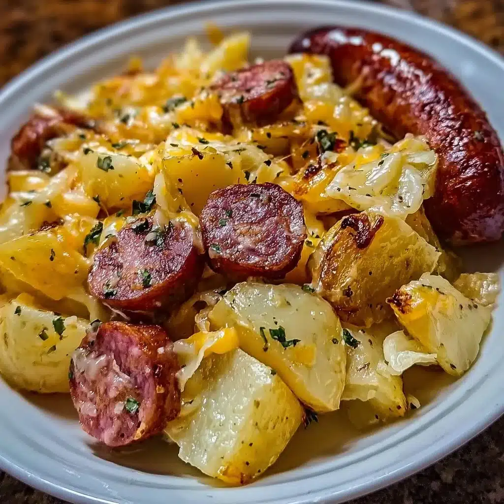 Cheesy ranch potatoes with smoked sausage in a delicious casserole dish.