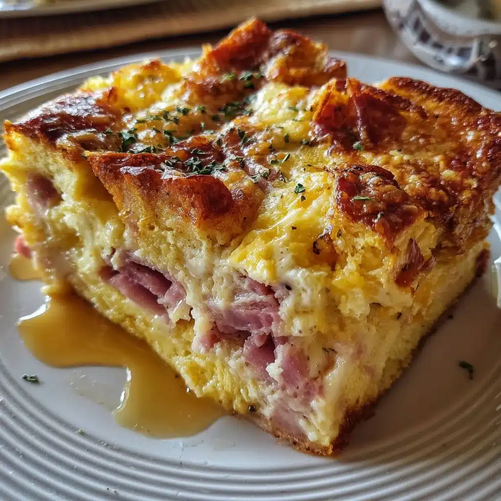 Home 1 Monte Cristo Breakfast Casserole with ham, cheese, and eggs baked to perfection.