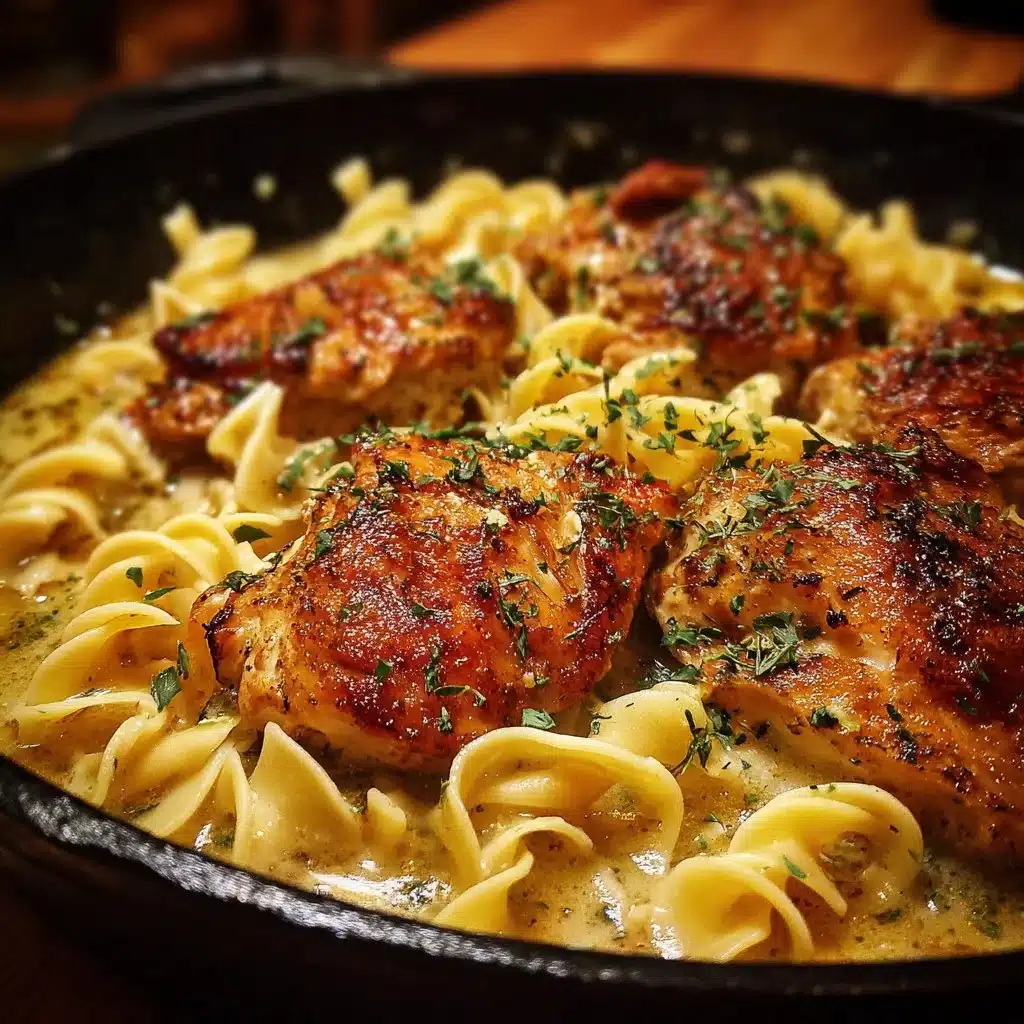 One-Pan Chicken with Buttered Noodles served on a plate, garnished with herbs