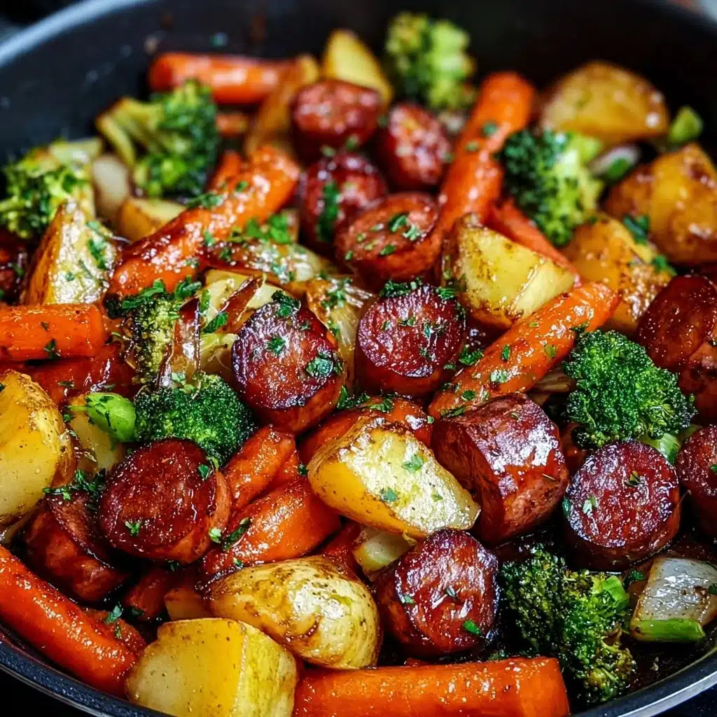 One-Pan Honey Garlic Kielbasa & Veggies: Easy Family Delight 3 One-Pan Honey Garlic Kielbasa with colorful veggies in a skillet