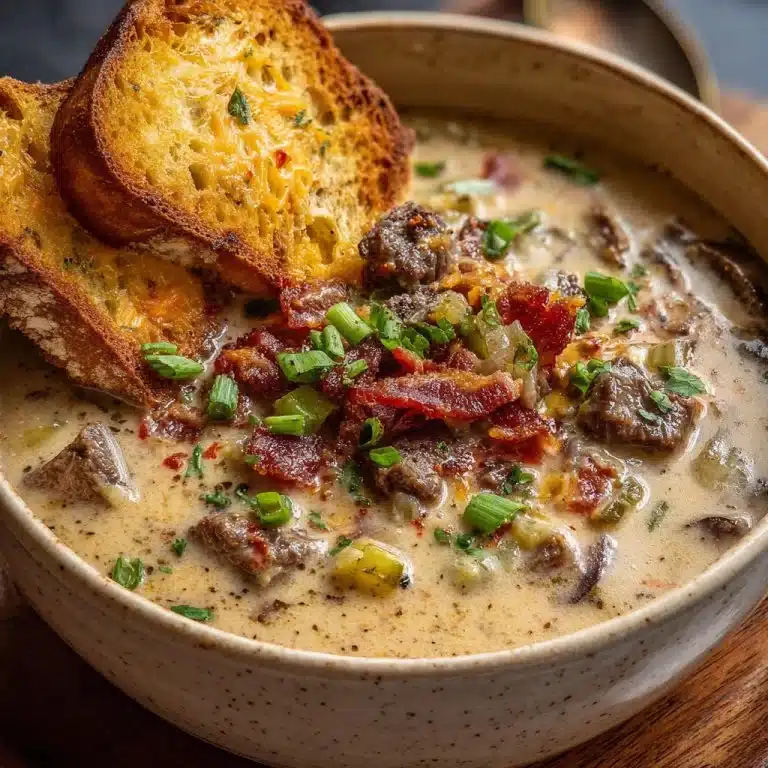 One-Pot Philly Cheesesteak Soup with Bacon and Cheesy Toast