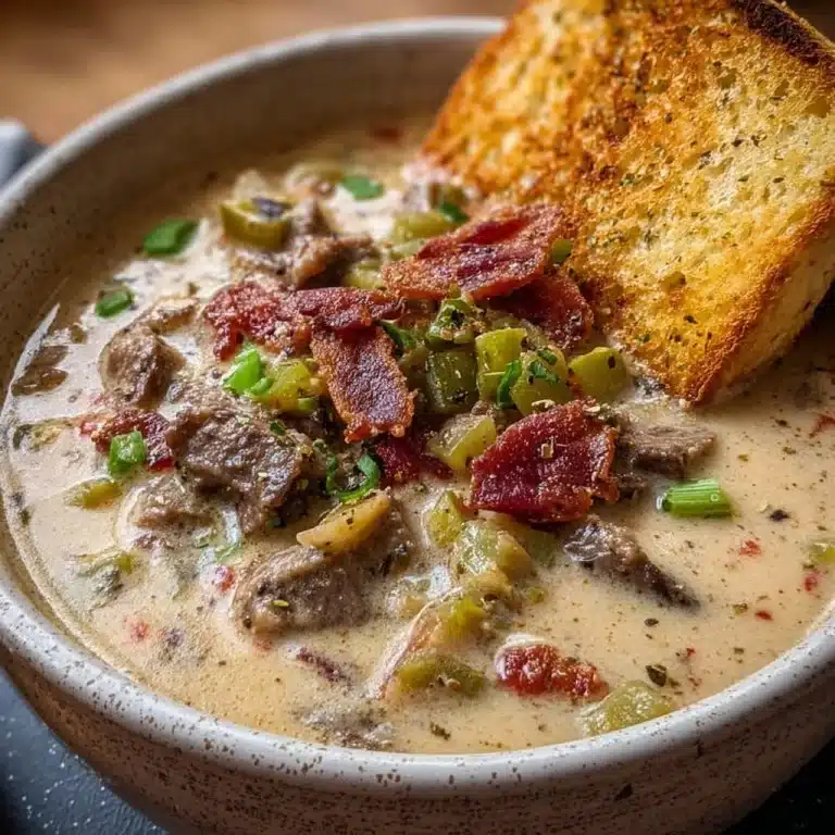One-Pot Philly Cheesesteak Soup with Bacon and Cheesy Toast
