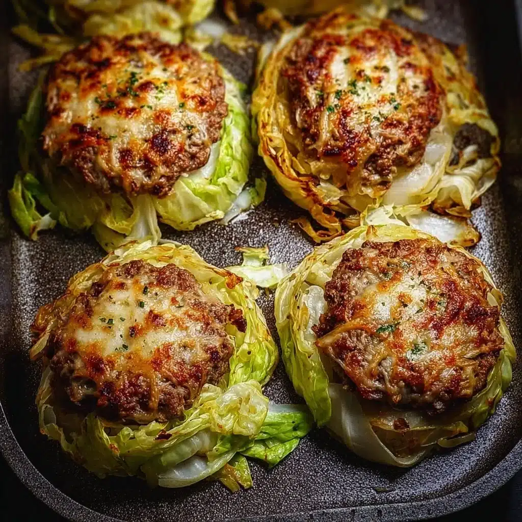 Oven-baked cabbage burgers served on a plate with fresh toppings.
