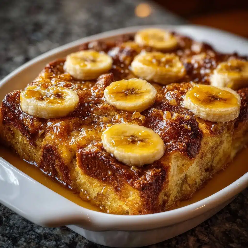 Delicious Overnight Baked Banana French Toast Casserole served on a plate.