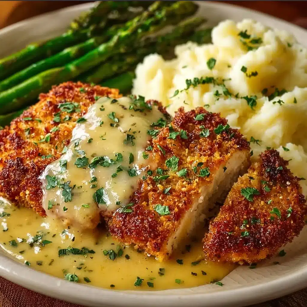 Parmesan Crusted Chicken served with creamy garlic sauce on a plate
