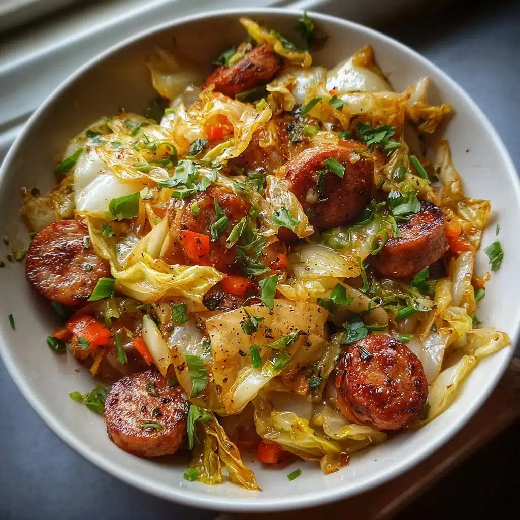 Sausage and cabbage stir fry dish on a serving plate