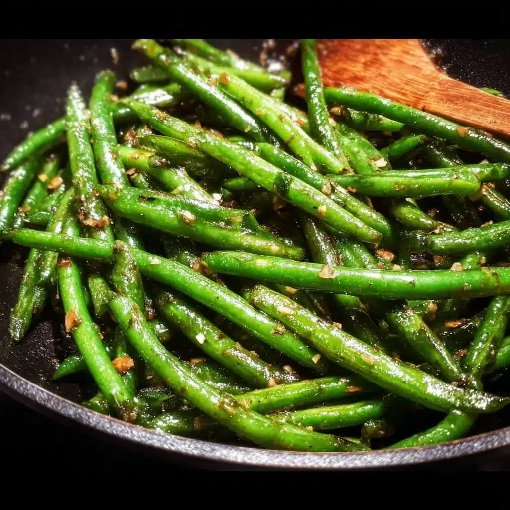 Plate of sautéed green beans with garlic and spices, ready to serve.