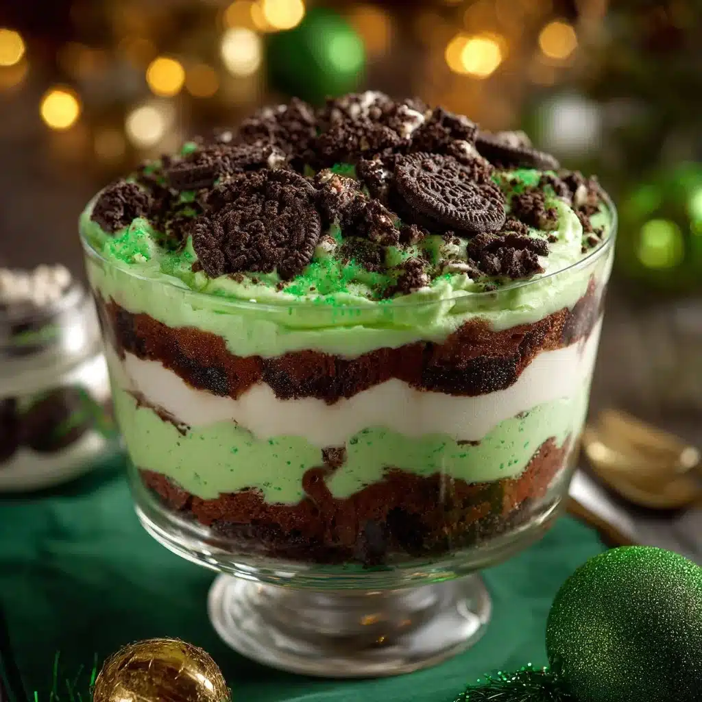 St. Patrick's Day brownie trifle with layers of brownie, cream, and festive toppings