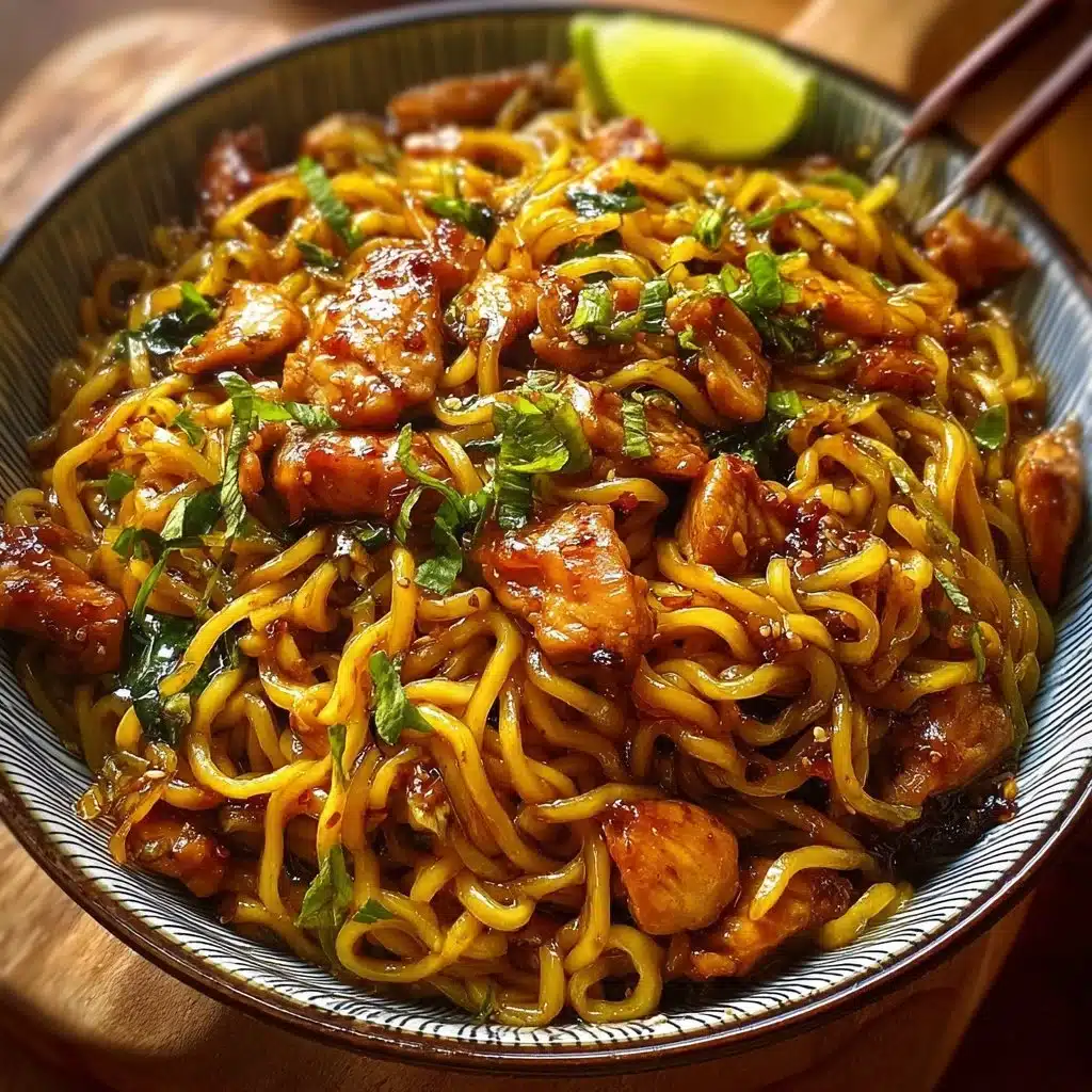 A bowl of sticky garlic chicken noodles garnished with fresh herbs.