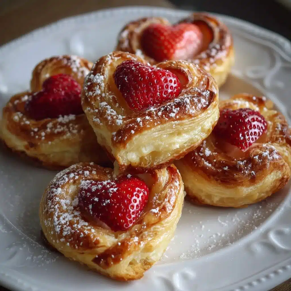 Home 5 Delicious Strawberry Puff Pastry Danishes topped with fresh strawberries.