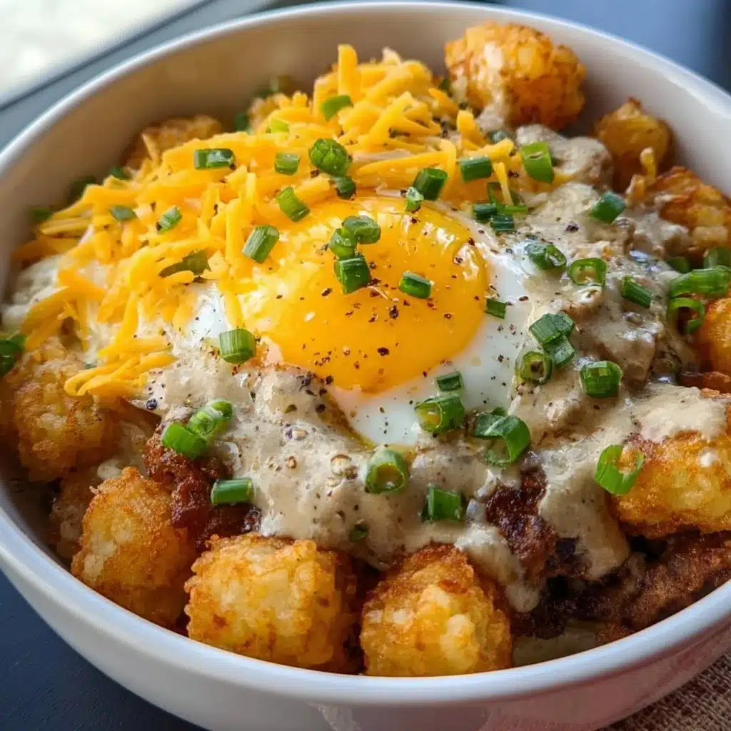 Delicious Tater Tot Breakfast Bowl with eggs, cheese, and toppings