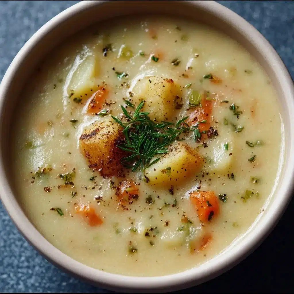 Vegan Potato Soup Recipe - Best Healthy & Comforting Soup 1 Bowl of creamy vegan potato soup garnished with fresh herbs.
