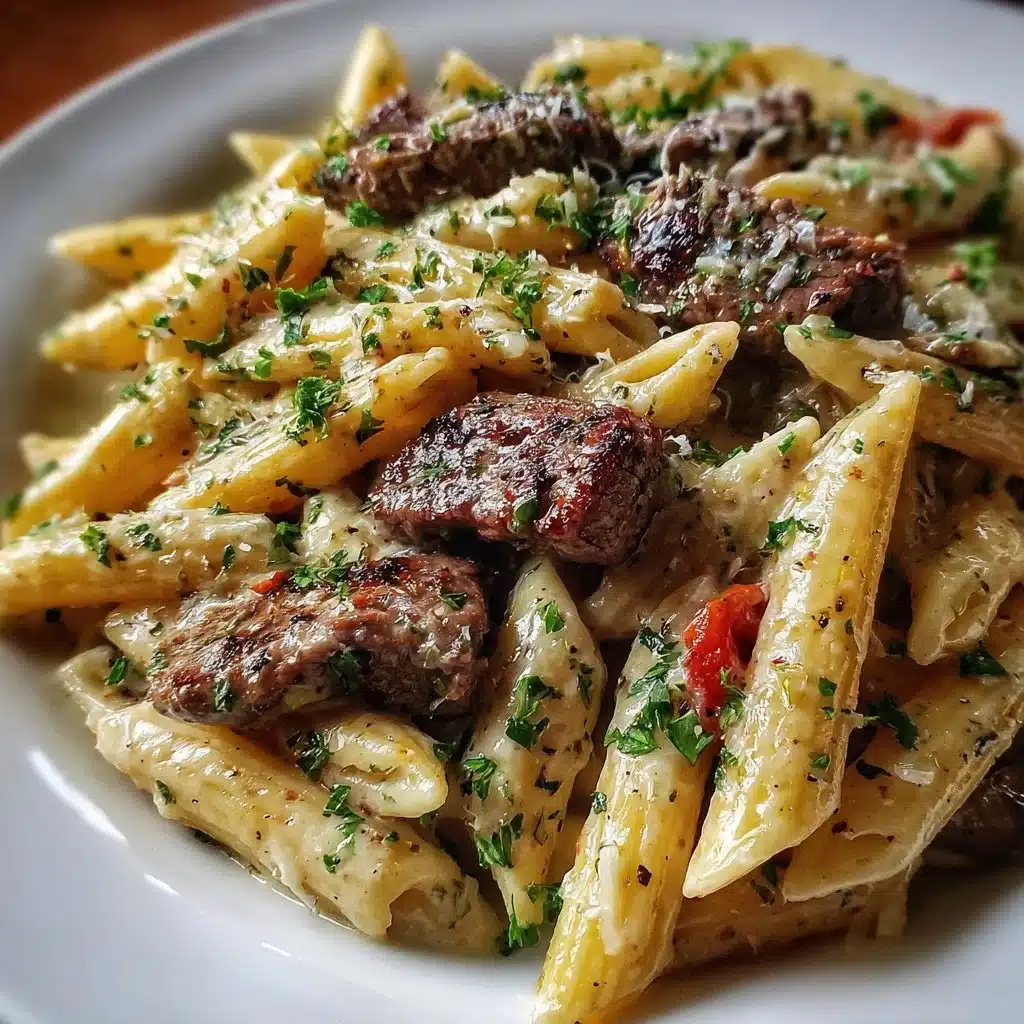 30-Minute Creamy Garlic Steak Penne That Will Blow Your Mind 1 Creamy garlic steak penne dish with steak, penne pasta, and garlic sauce