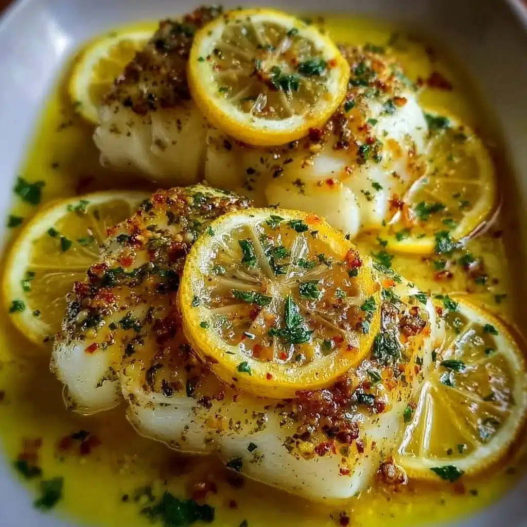 Baked Lemon-Garlic Cod with Butter Sauce 1 Delicious baked lemon-garlic cod with butter sauce on a plate.