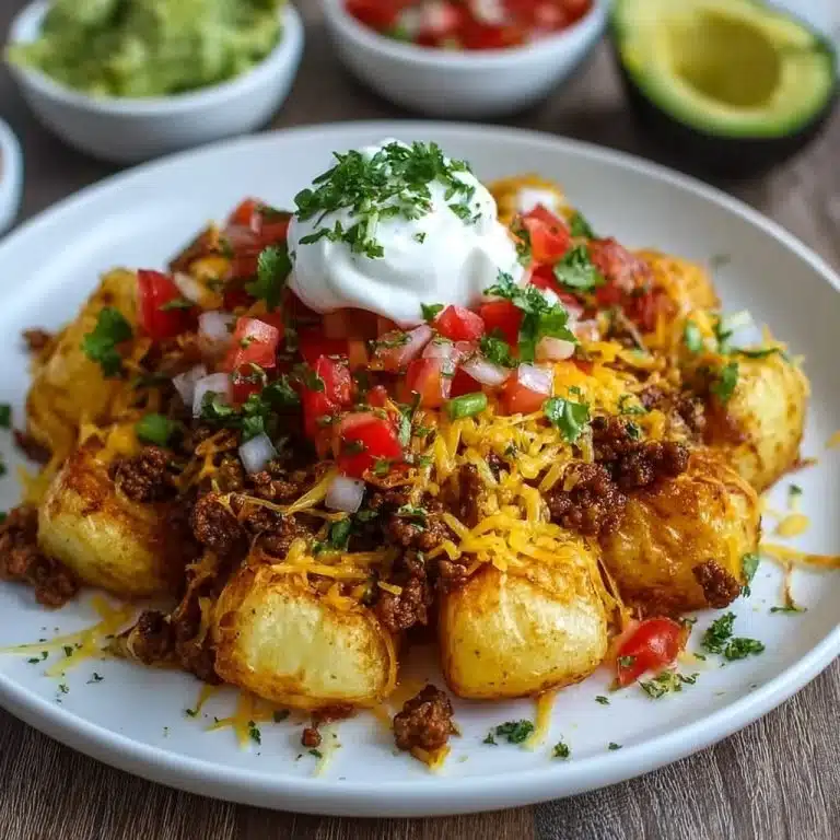 Delicious cheesy taco potatoes topped with fresh ingredients
