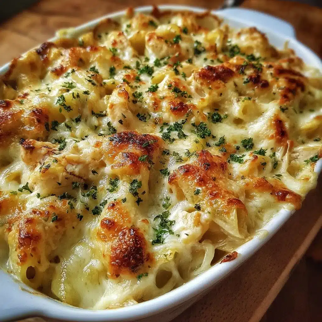 Creamy Chicken Alfredo Bake served in a dish with melted cheese