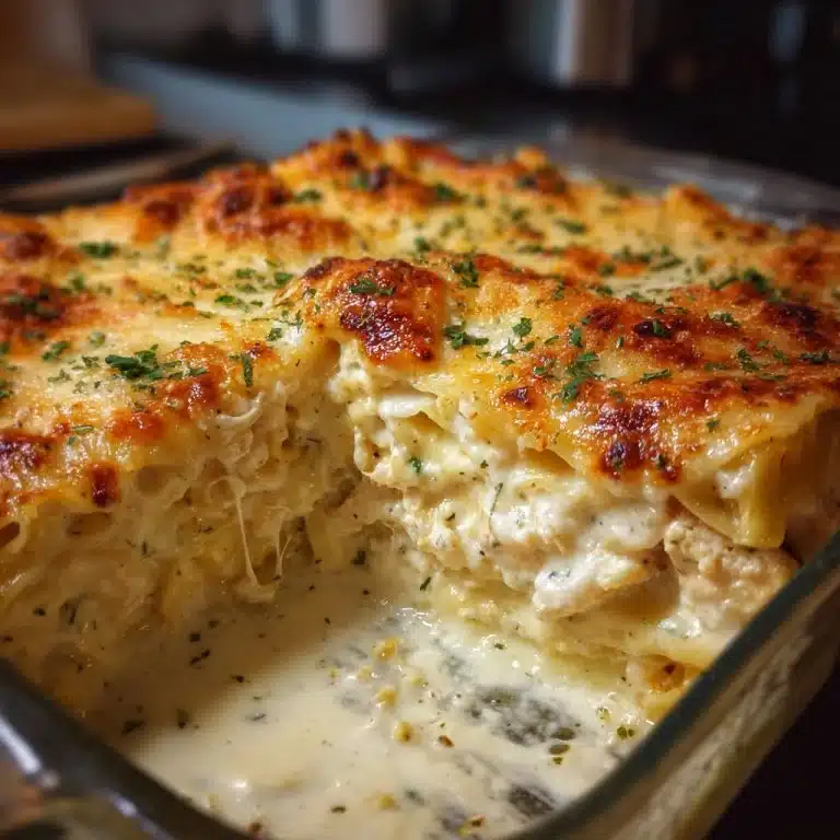 Delicious Chicken Alfredo Lasagna served with herbs and cheese