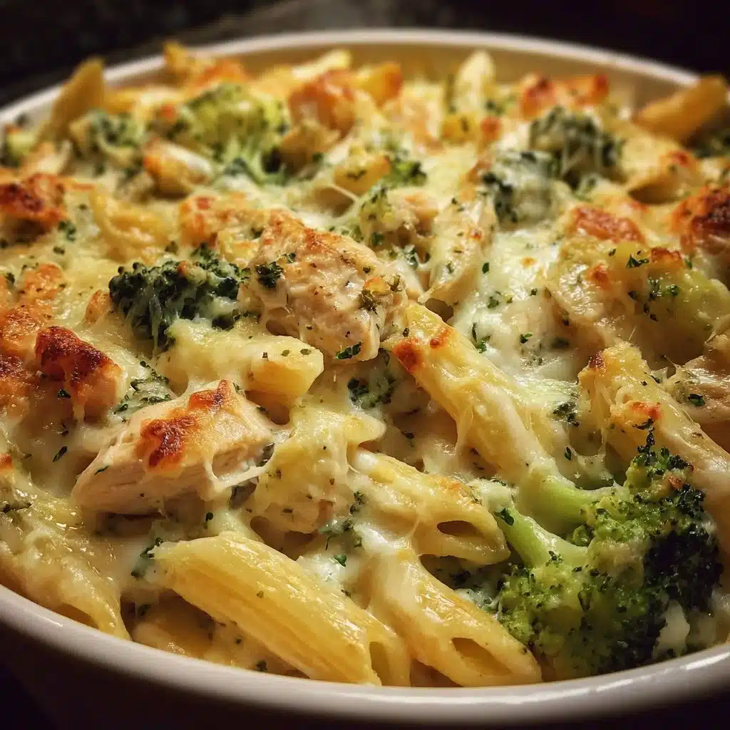 Chicken Alfredo Bake with broccoli and pasta in a casserole dish.