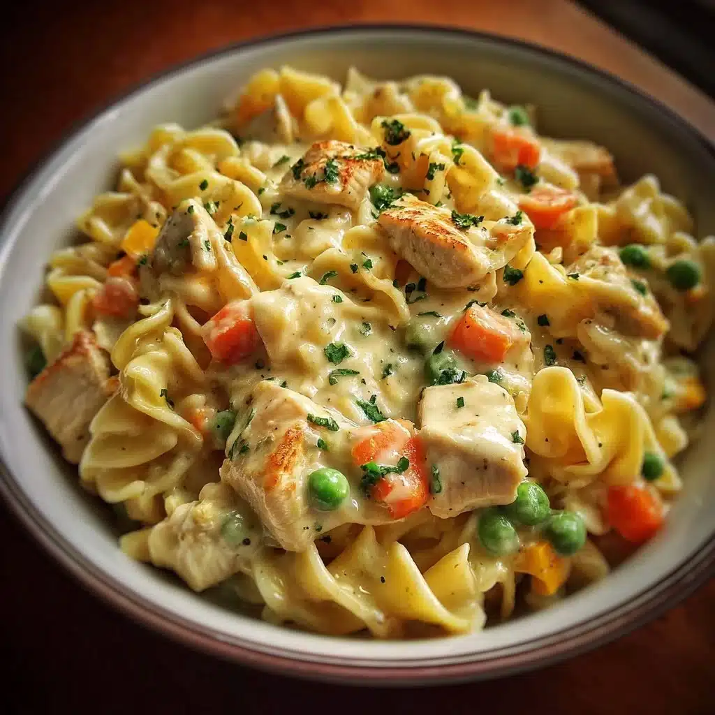 Delicious classic Chicken Pot Pie Pasta served in a bowl with fresh herbs