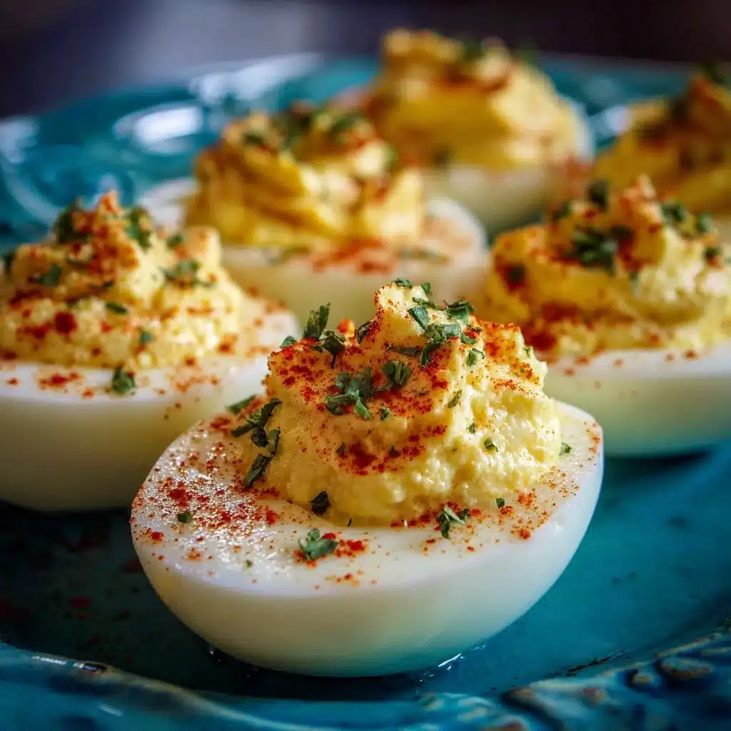 Classic Deviled Eggs 3 Classic deviled eggs with creamy filling and paprika garnish on a white plate.