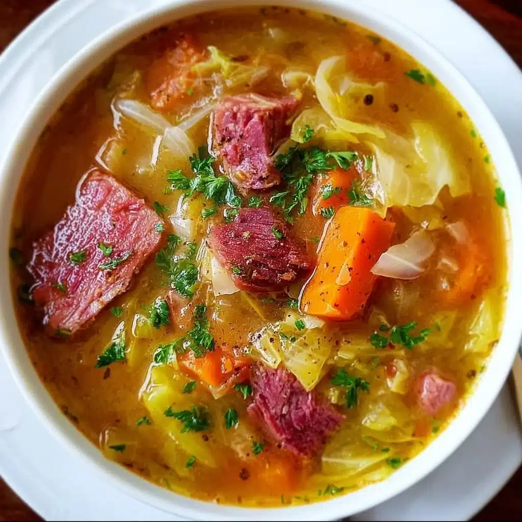 Corned Beef and Cabbage Soup 1 Bowl of corned beef and cabbage soup with fresh herbs and vegetables