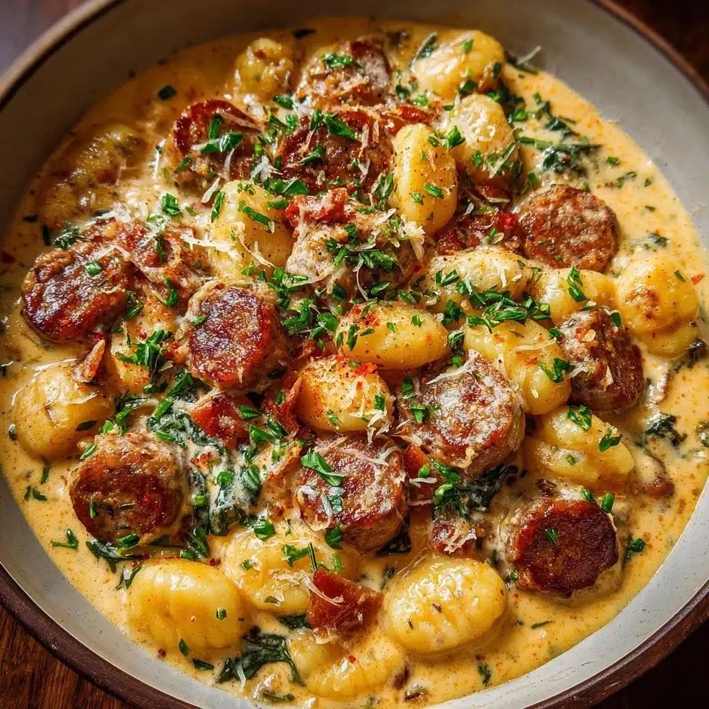 One pot creamy gnocchi with sausage in a cozy dish