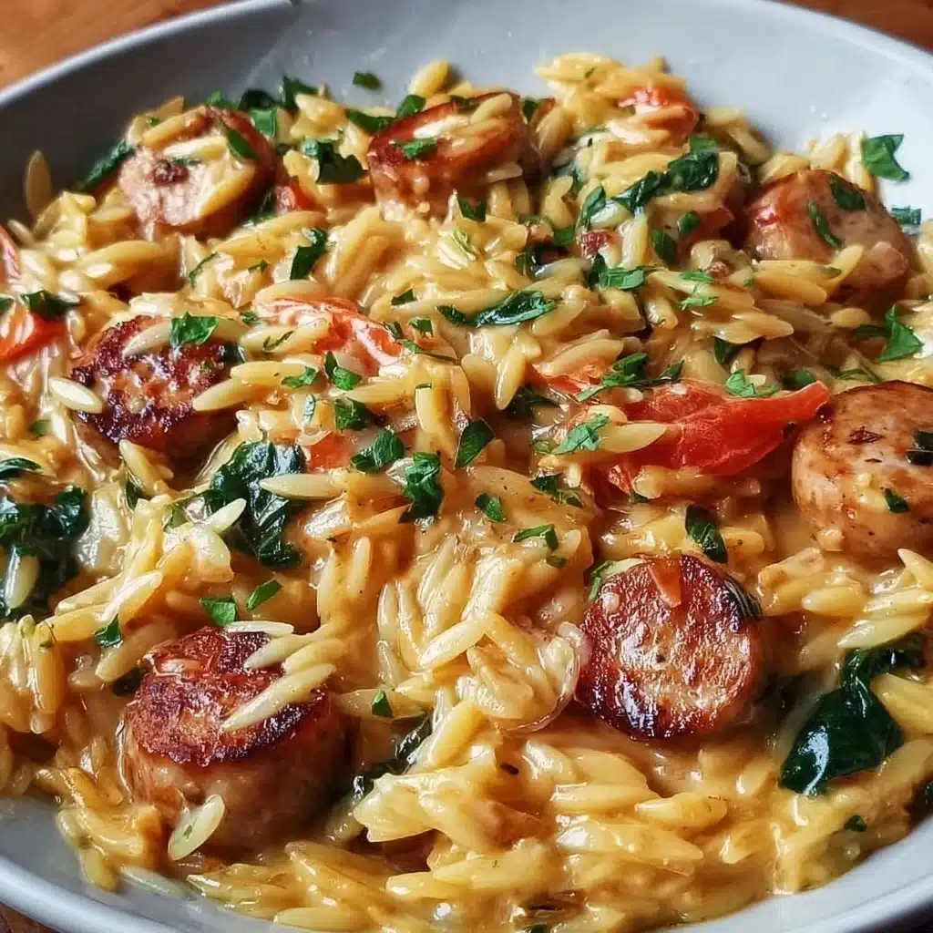 Creamy Chicken Sausage Orzo 3 Creamy chicken sausage orzo served in a bowl, garnished with herbs.