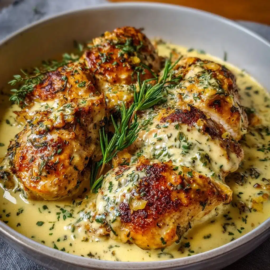 Creamy herb chicken dish garnished with fresh herbs on a plate