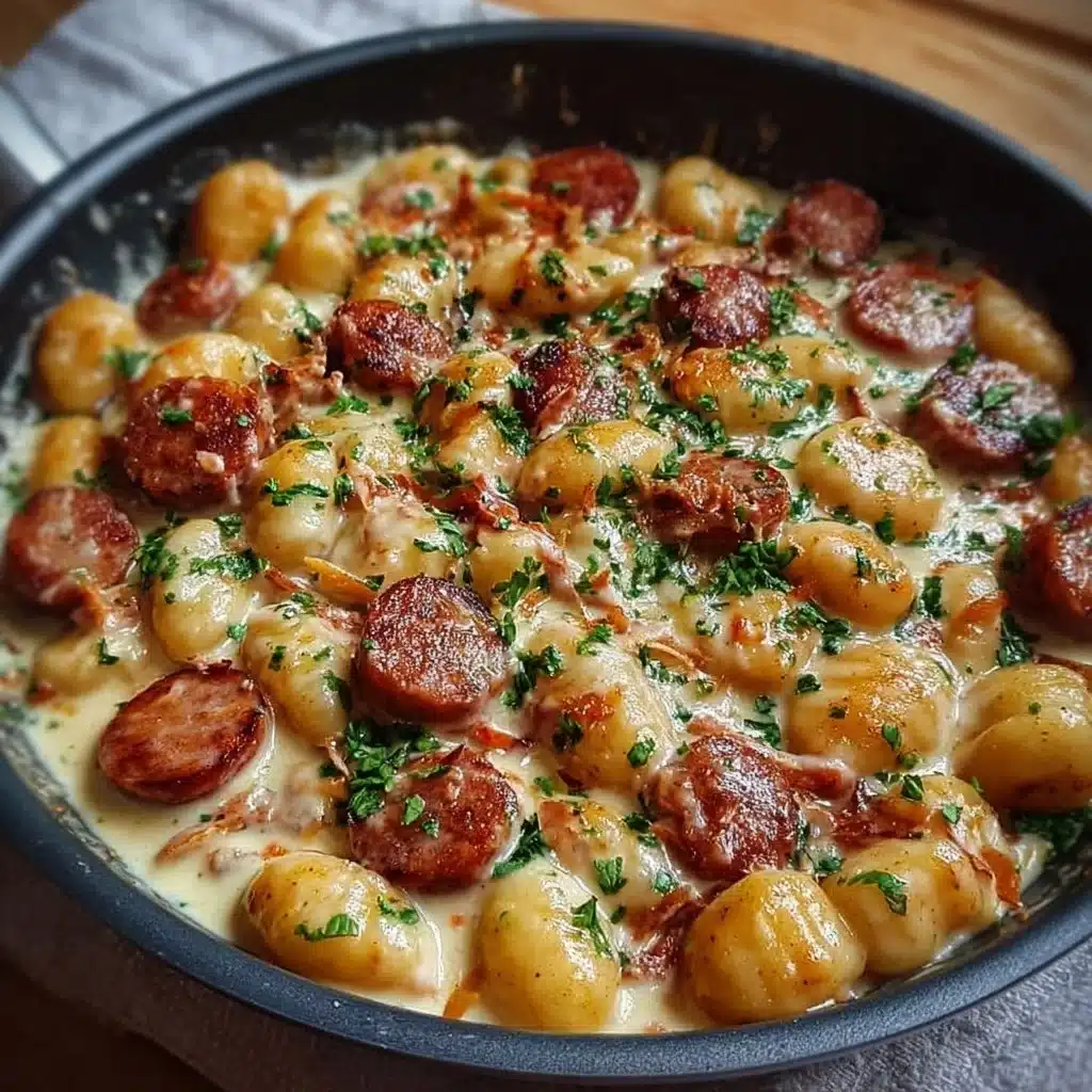 Creamy kielbasa gnocchi skillet dish with fresh herbs and spices.