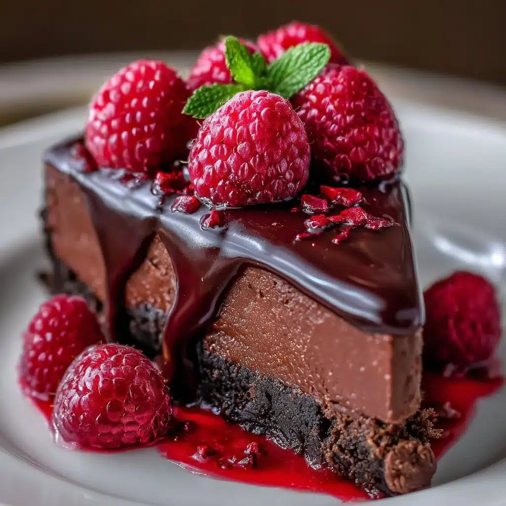 Decadent Dark Chocolate Raspberry Cheesecake You'll Adore 3 Decadent dark chocolate raspberry cheesecake topped with fresh raspberries.