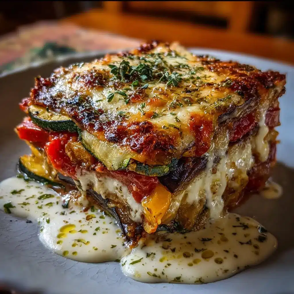 Layered Mediterranean eggplant zucchini lasagna with creamy cheese drizzle