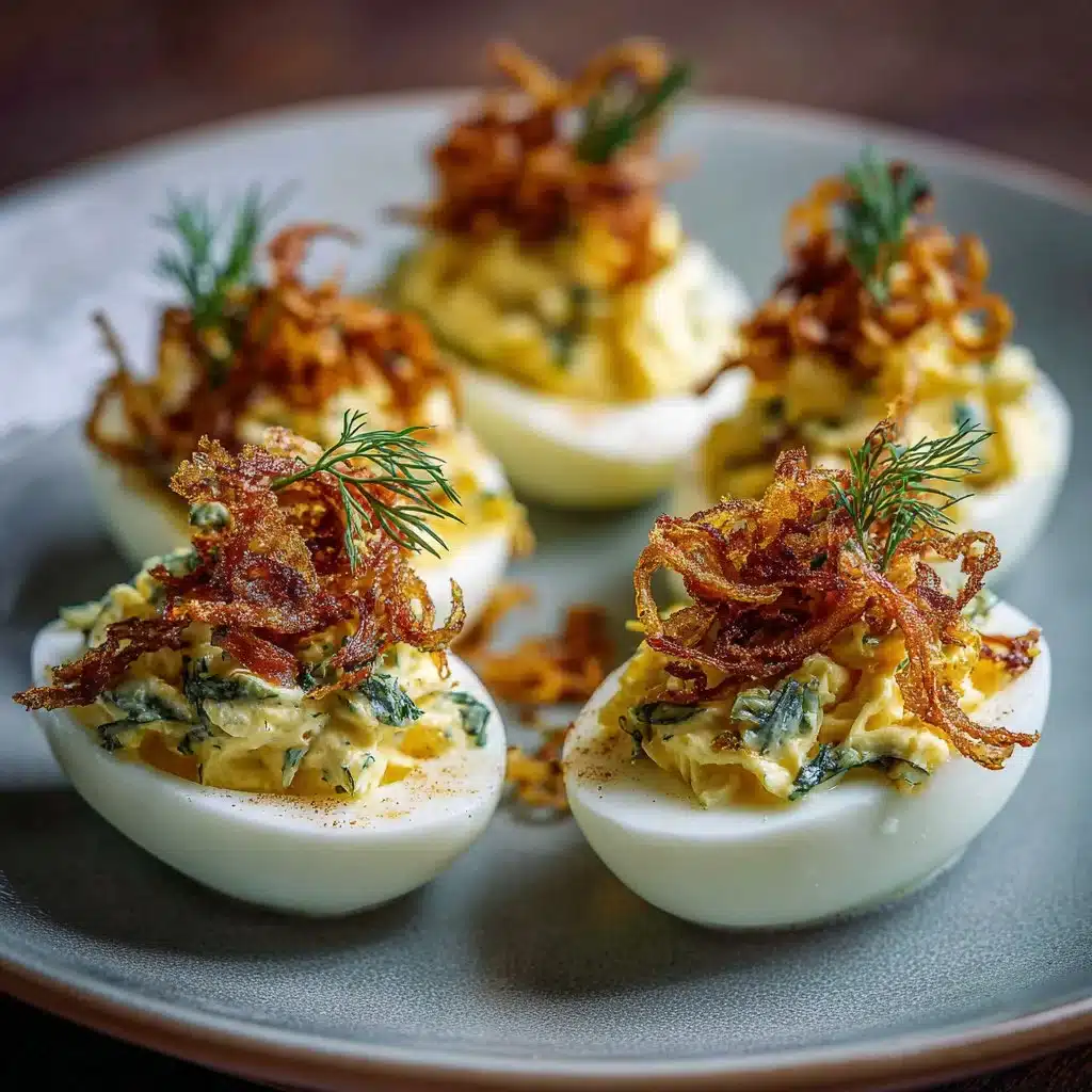 Dill Pickle Deviled Eggs With Crispy Onions