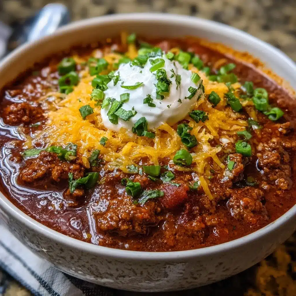 Bowl of easy Instant Pot ground beef chili topped with cheese and herbs.