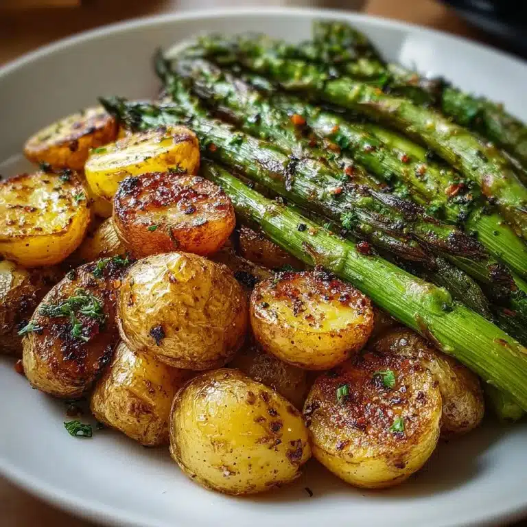 Garlic roasted potatoes served with asparagus on a white plate